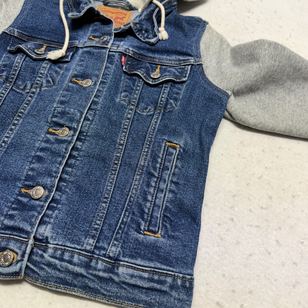 Levi Denim Trucker Jacket Hoodie Gray Sweatshirt Sleeves Women's Small Classic - Picture 4 of 16